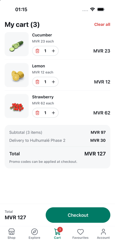 The SnapShop cart with cucumber, lemon and strawberries, showing the subtotal, delivery fee and total