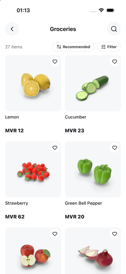 The Groceries section of the SnapShop app, showing lemons, cucumber, strawberries and peppers with prices
