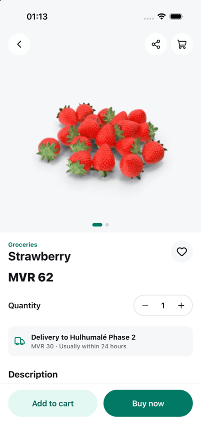 A strawberries product page in the SnapShop app, showing the price and delivery details